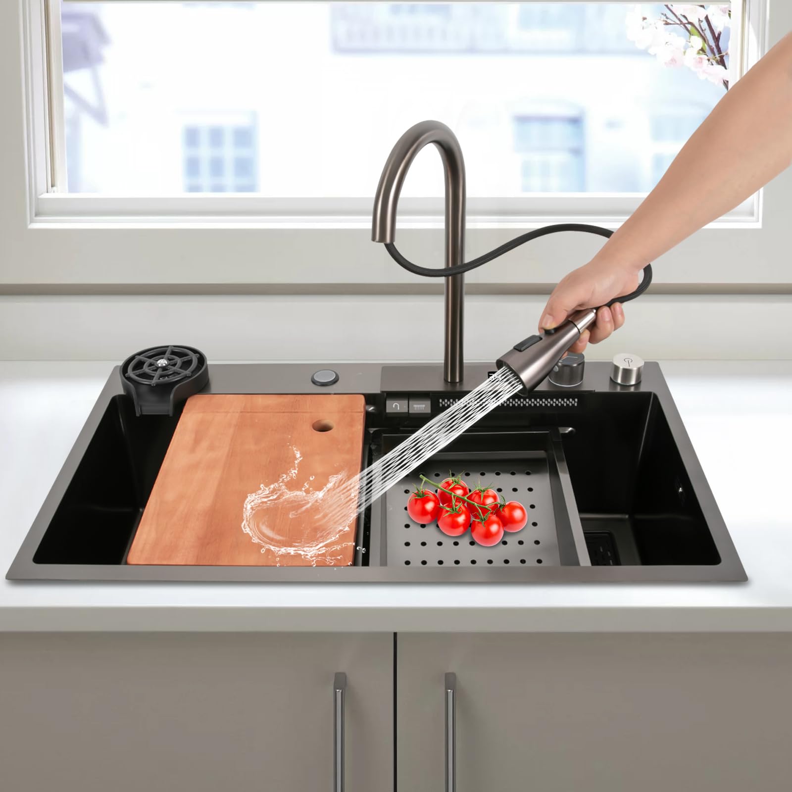 80 * 46 * 20 cm Küchenspüle Wasserfall-Spülbecken Küchenspülen Digitalanzeige Wasserfall-Spüle multifunktionalem Edelstahlspüle Mit Küchenarmaturen