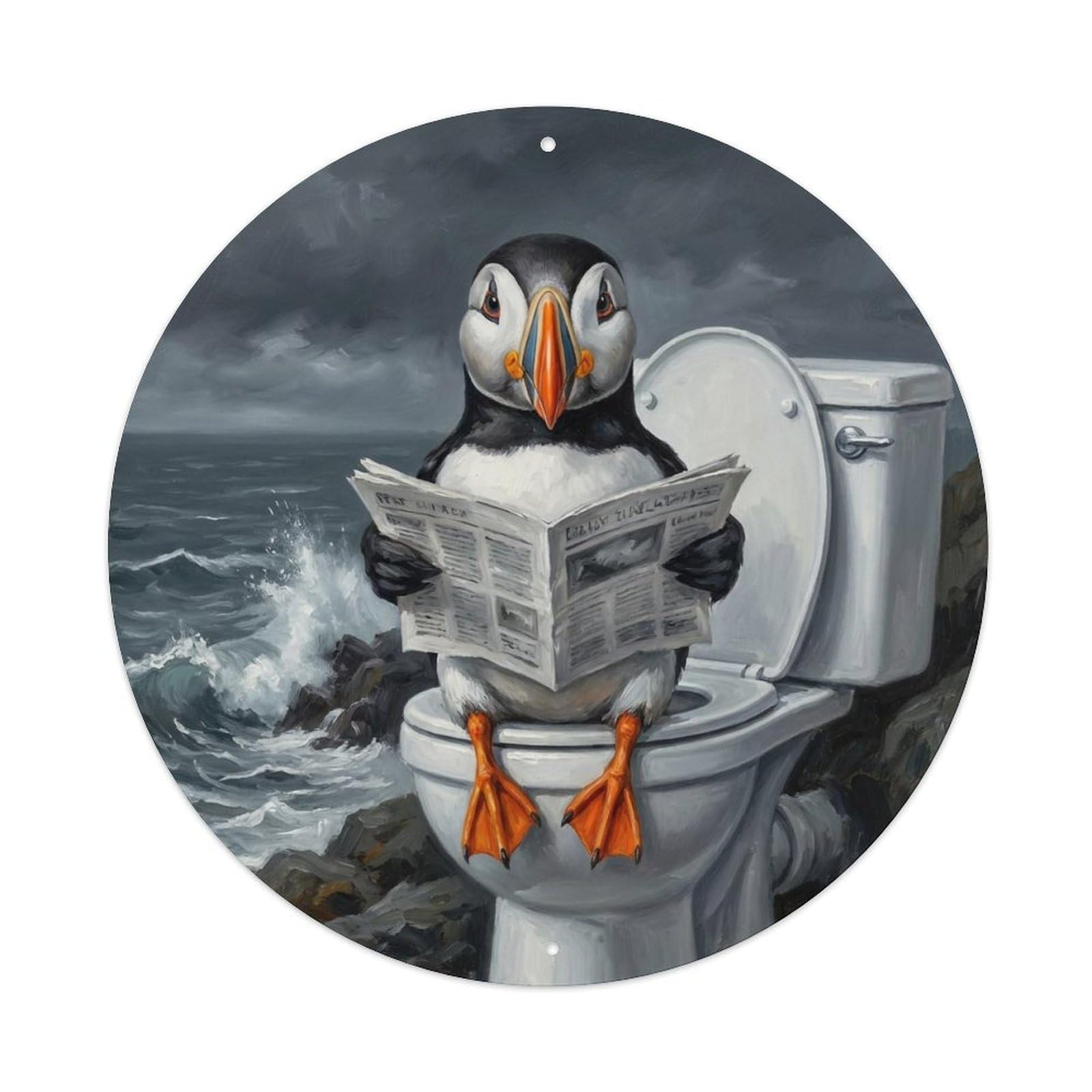Puffin On Toilet Humorous Bathroom Sea Cliff Reads Metal Tin Sign