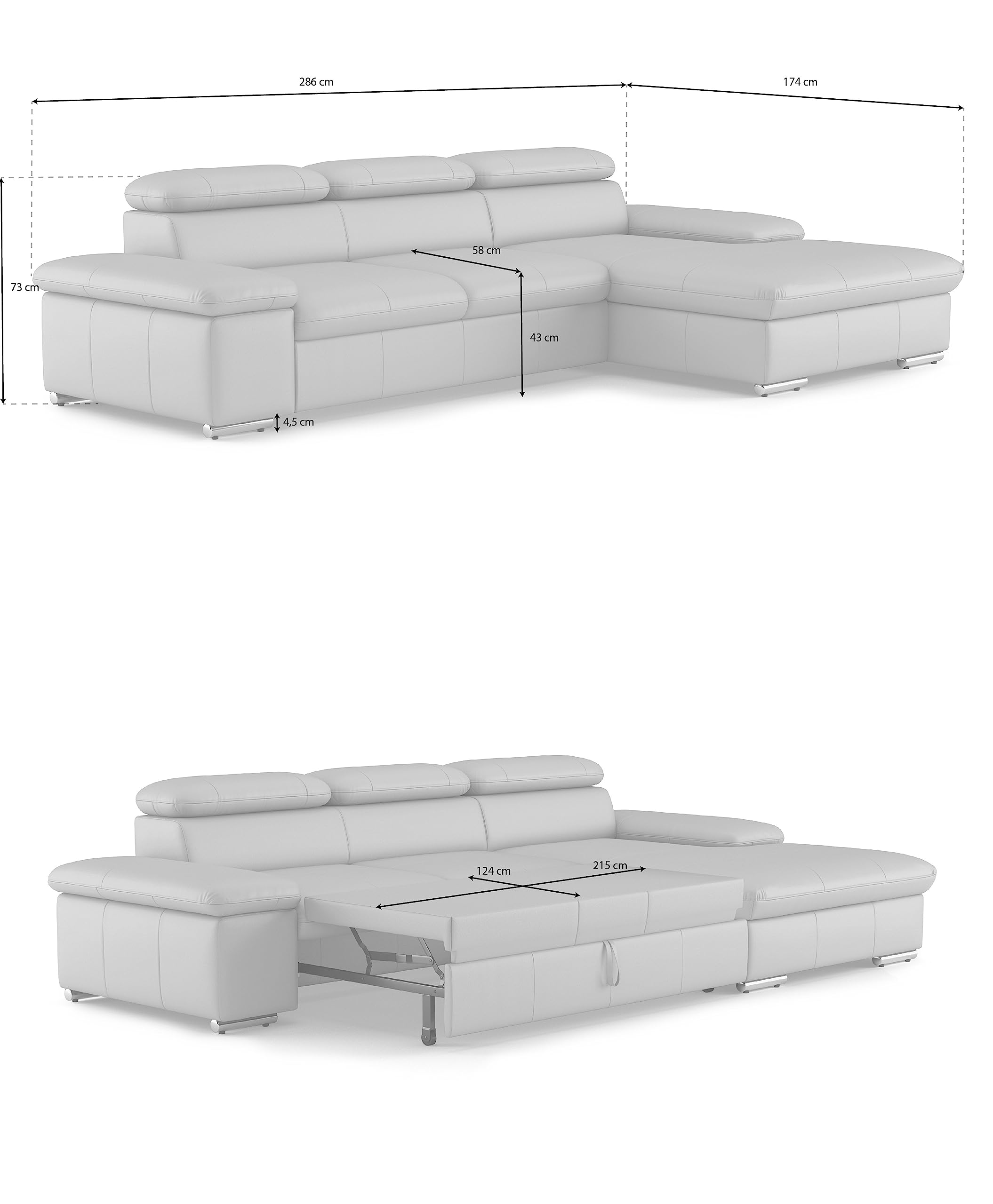 CAVADORE Leder-Schlafsofa Valerie mit XL-Longchair / Eckcouch mit Schlaffunktion, Kopfteilverstellung + großem Longchair / 286 x 73 x 174 / Echtleder Schwarz