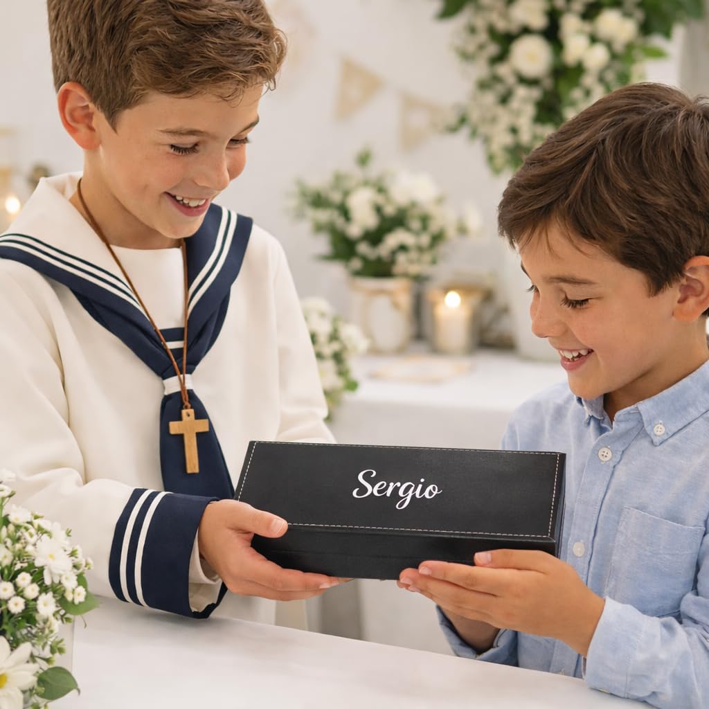 Pack 10 Bolígrafos Personalizados con Nombre – Caja Negra Efecto Cuero | Regalo Invitados Comunión, Boda o Bautizo | 2 BolígrafoS EleganteS Tinta Azul | Detalle para Profesor, Padrino, Testigo