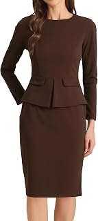Allegra K Women's Long Sleeve Office Work Peplum Sheath Dress | Crew Neck, Bellow the Knee, Dressy Casual Business Formal Outfits, Professional Interview Outfits