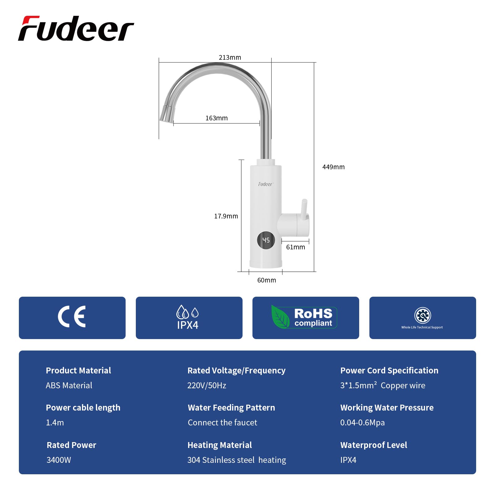 Elektrischer Wasserhahn 3,3 KW Mit Durchlauferhitzer - Edelstahl Silber