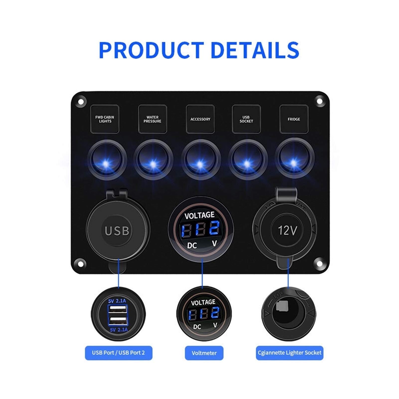 8 5Gang Panel przełączników elektrycznych, do 12V 24V RV Car Boat Marine z podwójnym gniazdem zapalniczki USB Wodoodporny woltomierz LIGHT