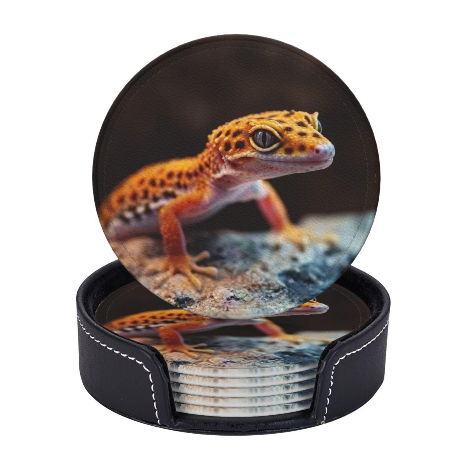 Drink Coasters 6 PCS Round Leather Coaster Leopard Little Gecko Coasters for Drinks Non-Slip Mugs Pads with Holder Personalized Cups Pad Mat for Coffee Table Kitchen 10 CM