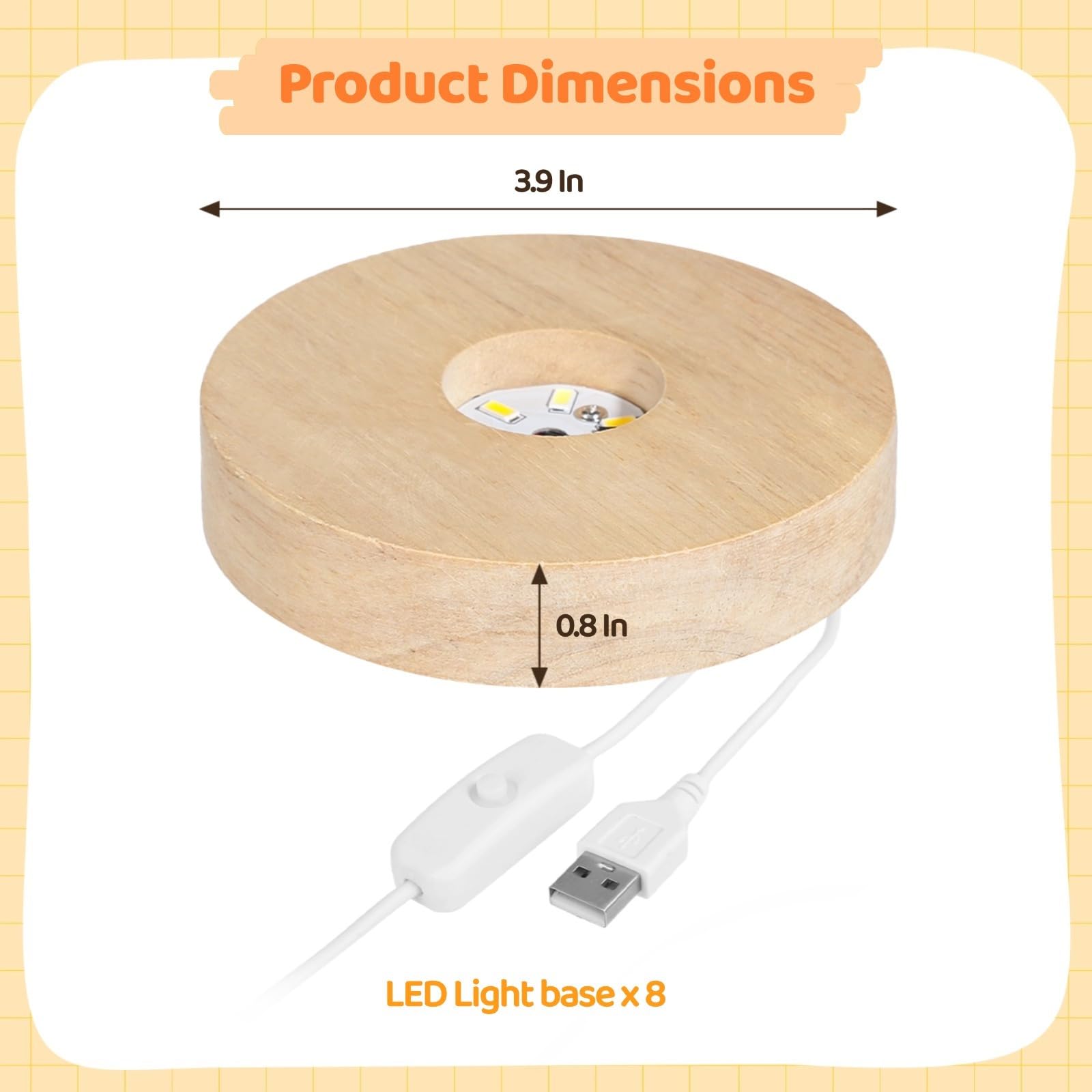 3 modalità di illuminazione, espositore in cristallo, alimentato tramite USB, decorazione per la casa, artigianato, vetro artistico per, basi luminose a LED in legno, 8 pezzi, altezza 2 cm