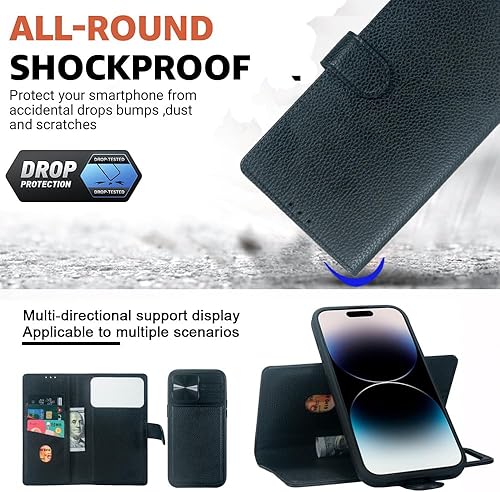 Miniatura 5 de Funda tipo cartera compatible con iPhone 15 Pro Max, magnética, desmontable, de 2 estilos, con ranura para tarjeta y cubierta para cámara, bloqueo