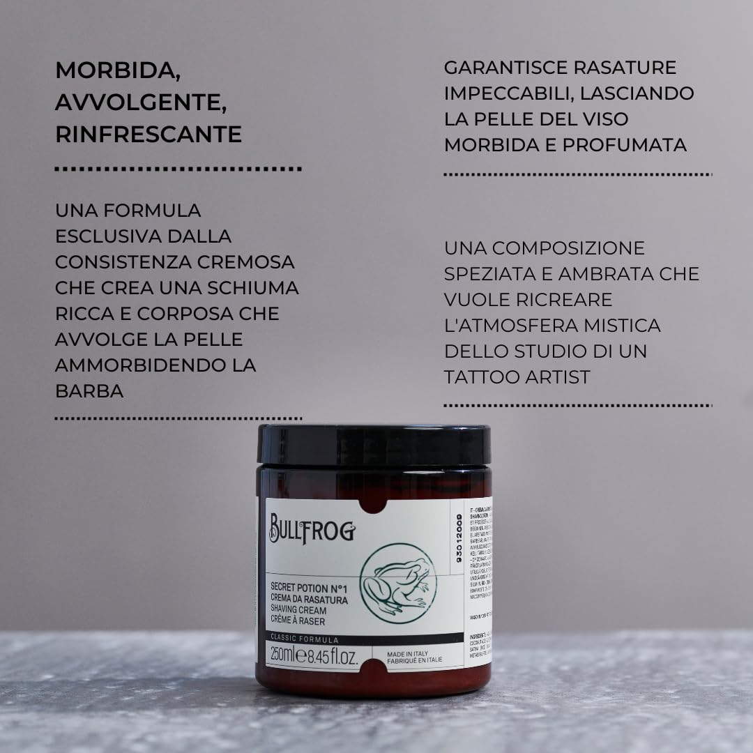 Bullfrog Crema da Rasatura Secret Potion N.1"Classic" 250 ml - Ammorbidisce la Barba - Lascia la Pelle Fresca e Liscia - Note Legnose, Aromatiche e Ambrate, Made in Italy