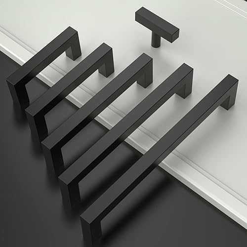 Miniatura 2 de Amerdeco Paquete de 10 tiradores de gabinete negro mate de 5 pulgadas (5.039 in) con agujero central para gabinetes de cocina, herrajes para