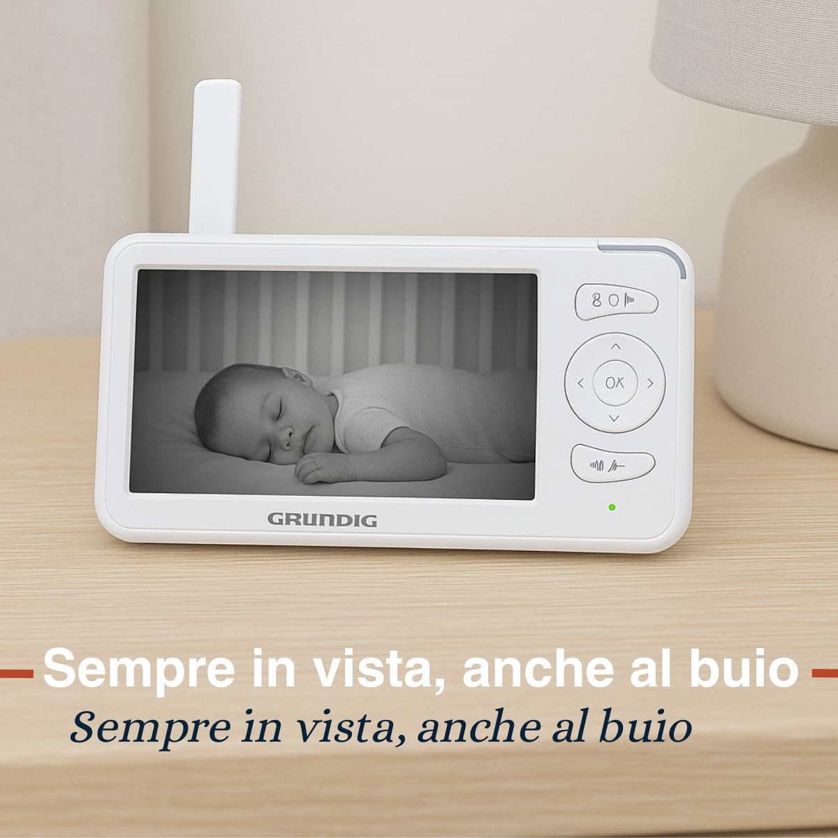 Grundig Baby Monitor con Telecamera - Baby Monitor Video e Audio con Schermo 5 Pollici - Visione Notturna e Audio Bidirezionale - Controllo Temperatura - Zoom Pan Tilt - Bianco
