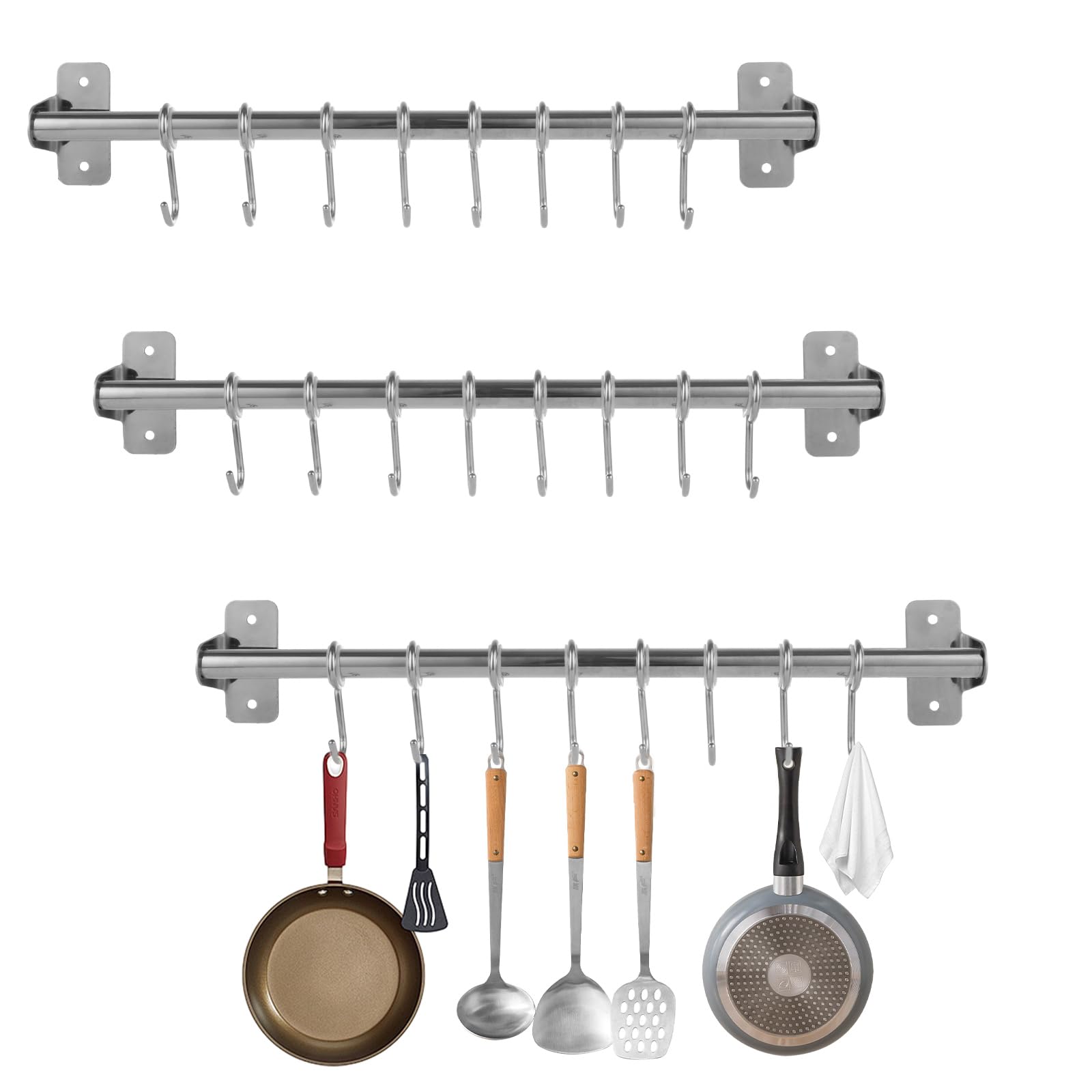 WOPPLXY 3PCS Utensil Rack with Hooks - 40cm Stainless Steel Kitchen Hanging Rail - 8 Hooks Wall Mounted Utensil Hanger Movable for Kitchen, Bathroom Storage Organise