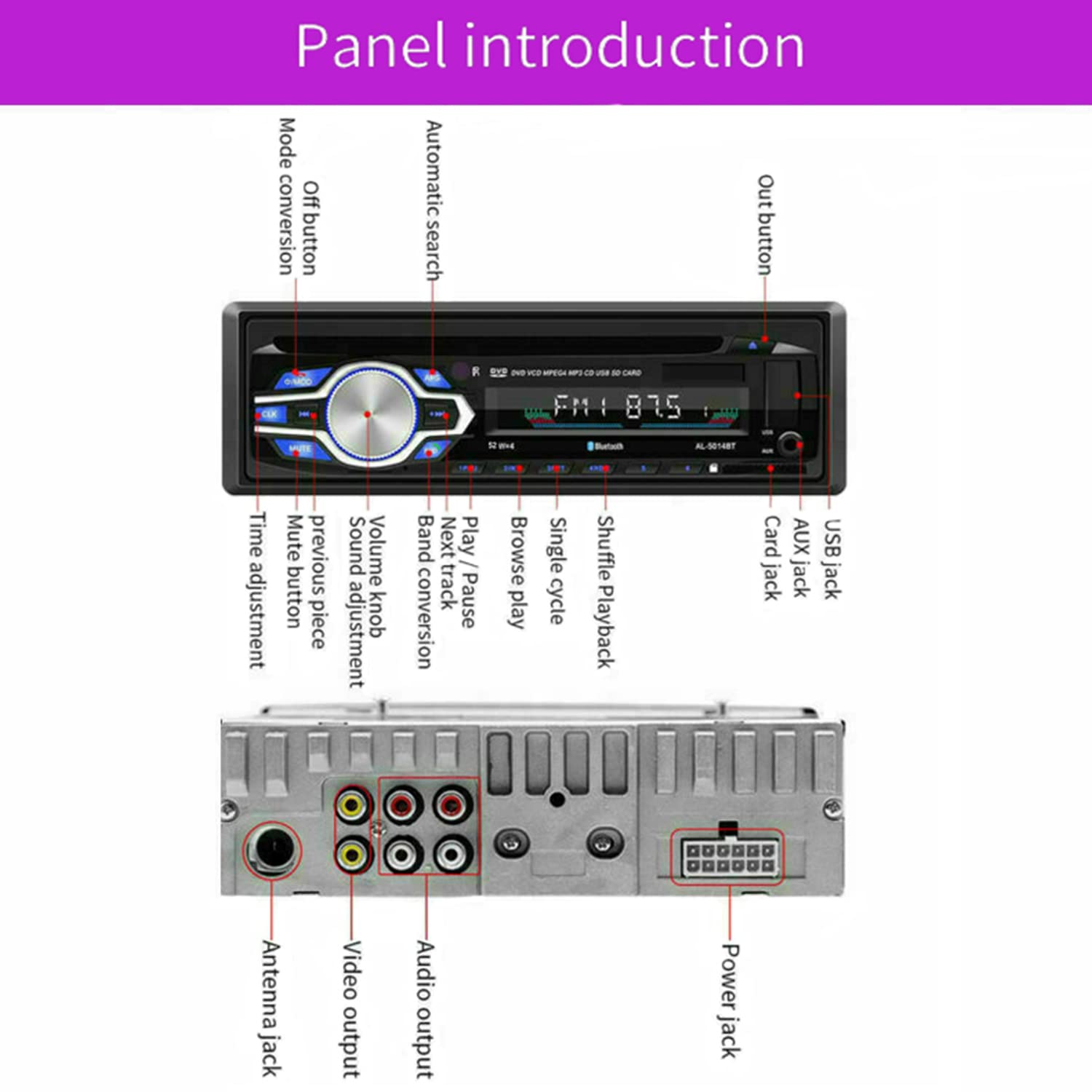 Reproductor de Radio para Coche MP3 1 DIN 12V estéreo para Coche con Bluetooth DVD CD Coche Manos Libres Autoradio BT Audio Radio con Mando a Distancia inalámbrico