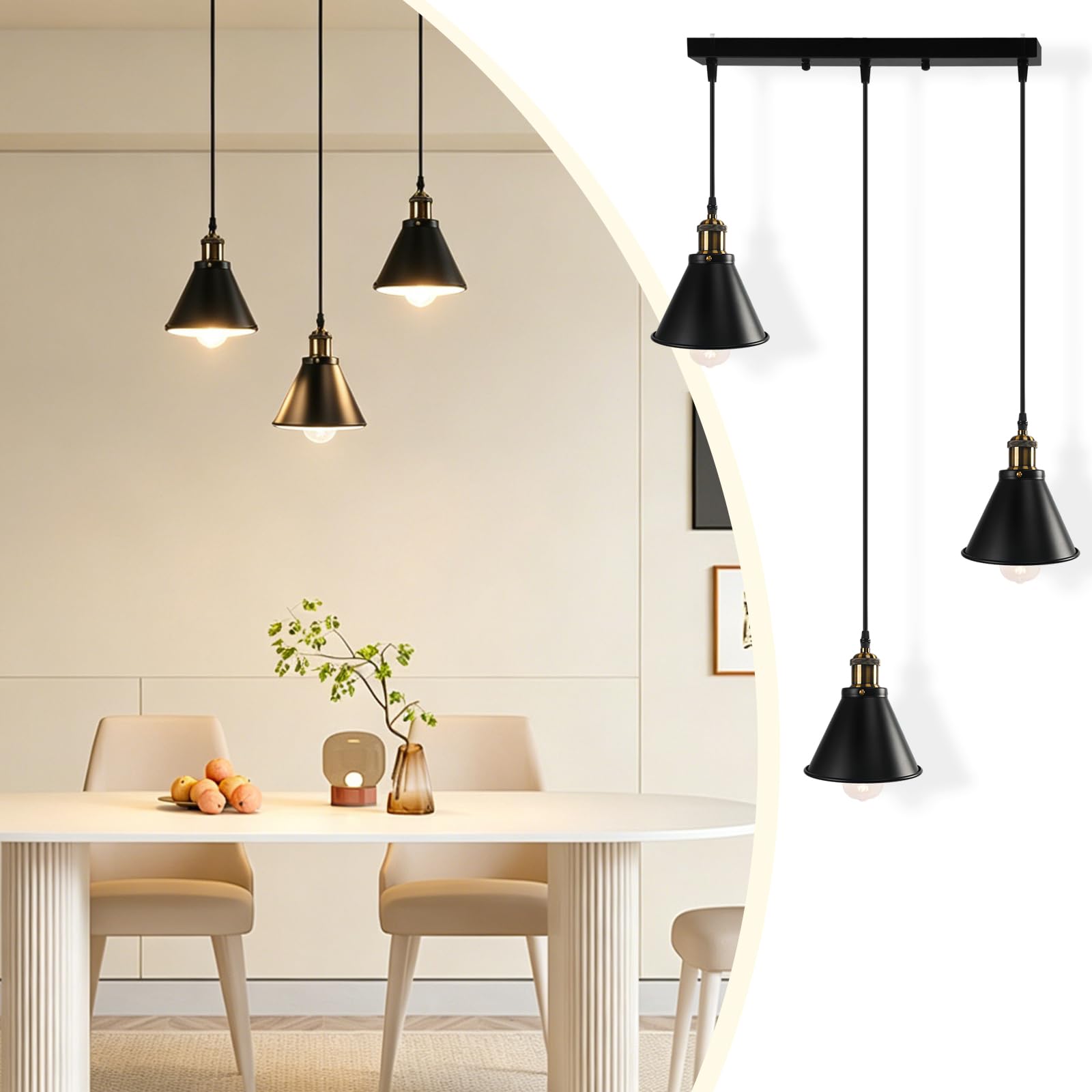 FIRVRE 3 Flame Pendant Light Adjustable Height Vintage Ceiling Lamp for Dining Hallway Living Room E27 Metal Industrial Dining Table Hanging Lamp