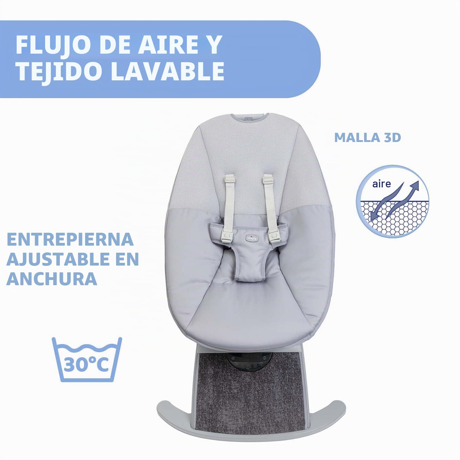 Chicco Comfy Wave - Tumbona electrónica, columpio electrónico para niños, con movimientos y melodías, respaldo reclinable, tejido transpirable y desenfundable, barra de juegos, tumbona para bebé, 0