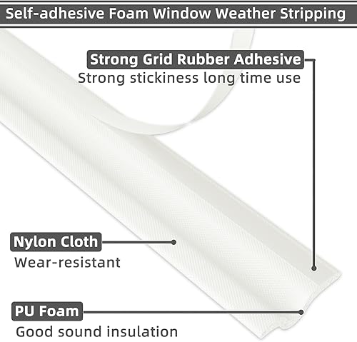 Miniatura 5 de Tira de sellado de puerta para ventana de 118 pulgadas para parte inferior y lateral de la puerta, color blanco, tira de espuma sintética