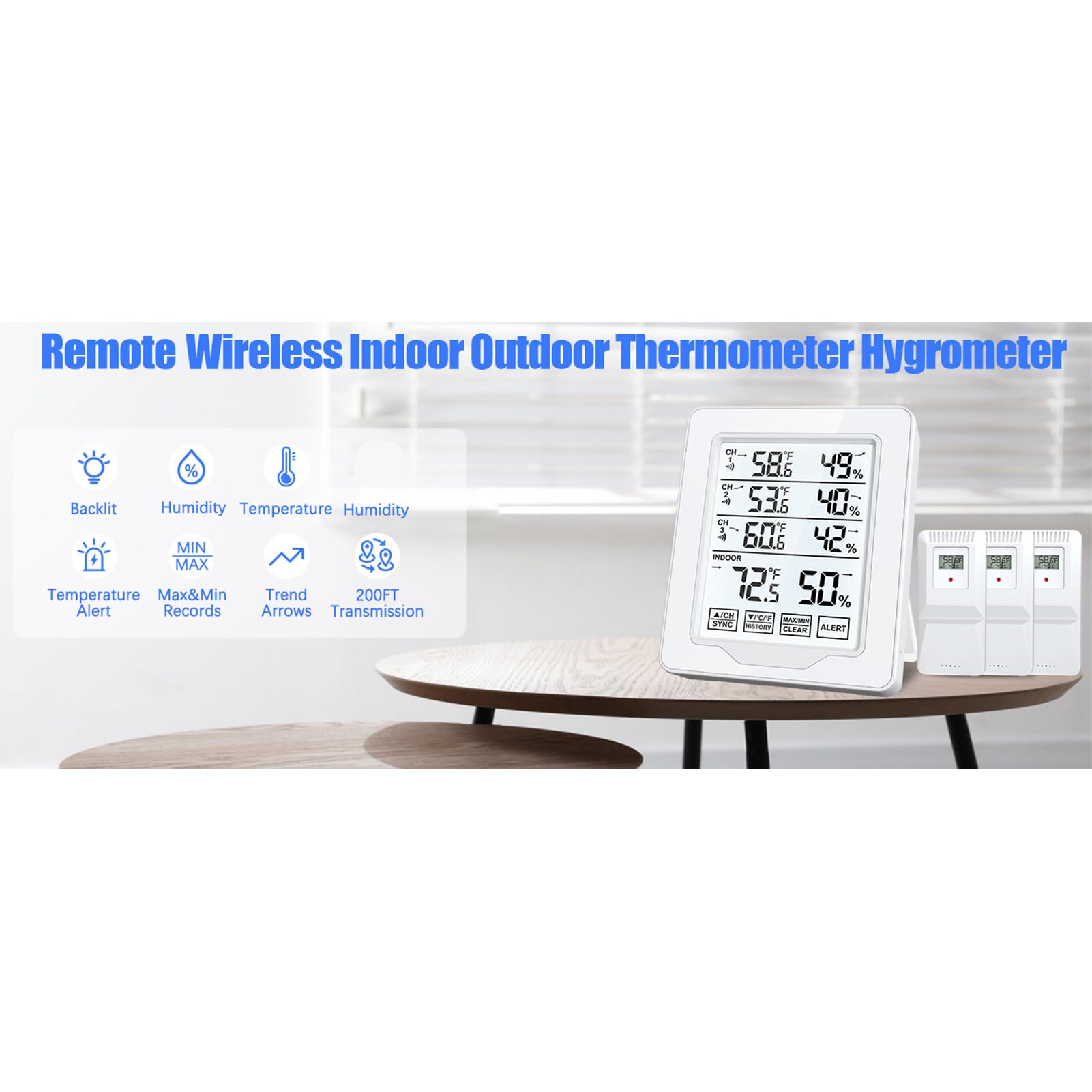 Termometro per interni ed esterni Monitor di umidità con 3 sensori remoti Termometro igrometro retroilluminato bianco Materiale ABS applicabile per ufficio domestico