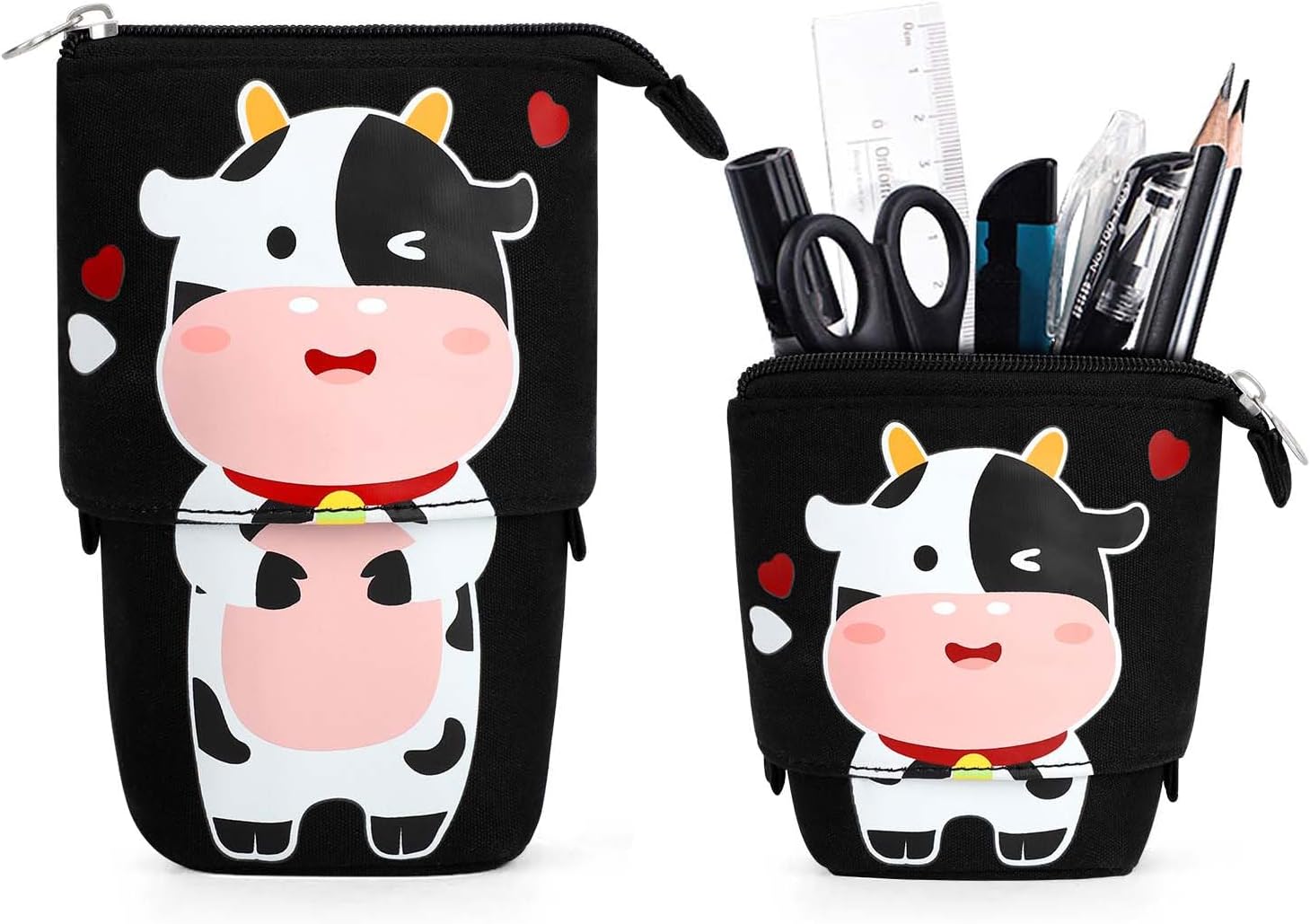 Cute Standing Pencil Case for Kids, Pop Up Pencil Box Makeup Pouch, Christmas Gift Kids Canvas Pen Holder Organizer Cosmetics Bag, Kawaii Stationary (Baby Cow)