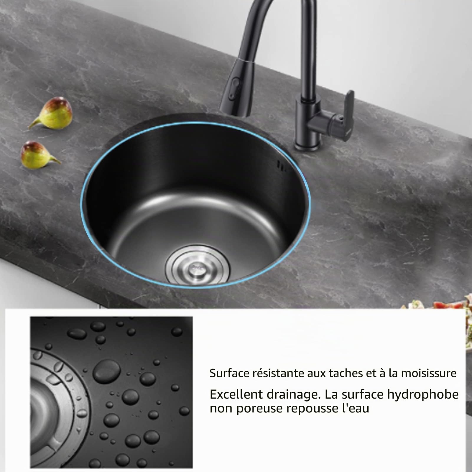 Évier de Cuisine Rond en Acier Inoxydable Évier de Cuisine à Encastrer Montage Evier de Cuisine Kit pour à la Salle De Bain De Bar De Cuisine 29,8x25,5x16,5cm