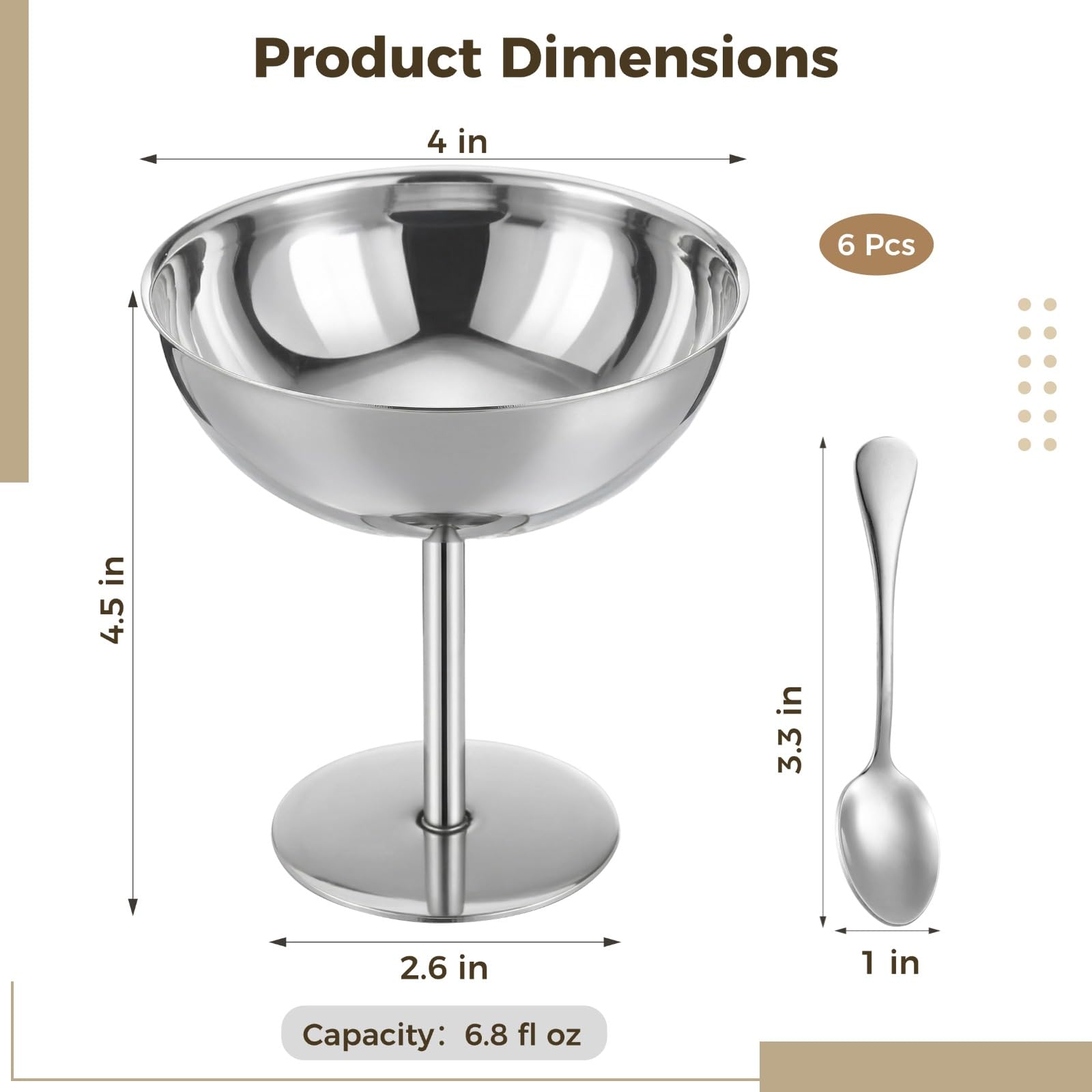 6 Stk. Eisbecher aus Edelstahl mit Löffeln, 6,8 Fl Oz Dessertschalen mit hohem Stiel, silberne Metalldessertbecher für Partys, Bankette, Familienfeiern und Restaurants