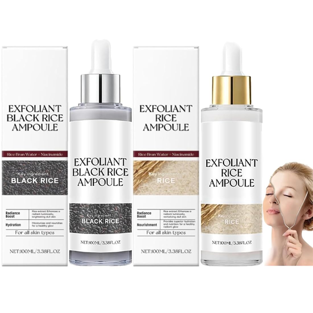 2PCS Rice Exfoliating Ampoule Set – Black & White Rice Brightening Duo for Glowing Skin | Gentle Peel + Pore Minimizing & Deep Hydration