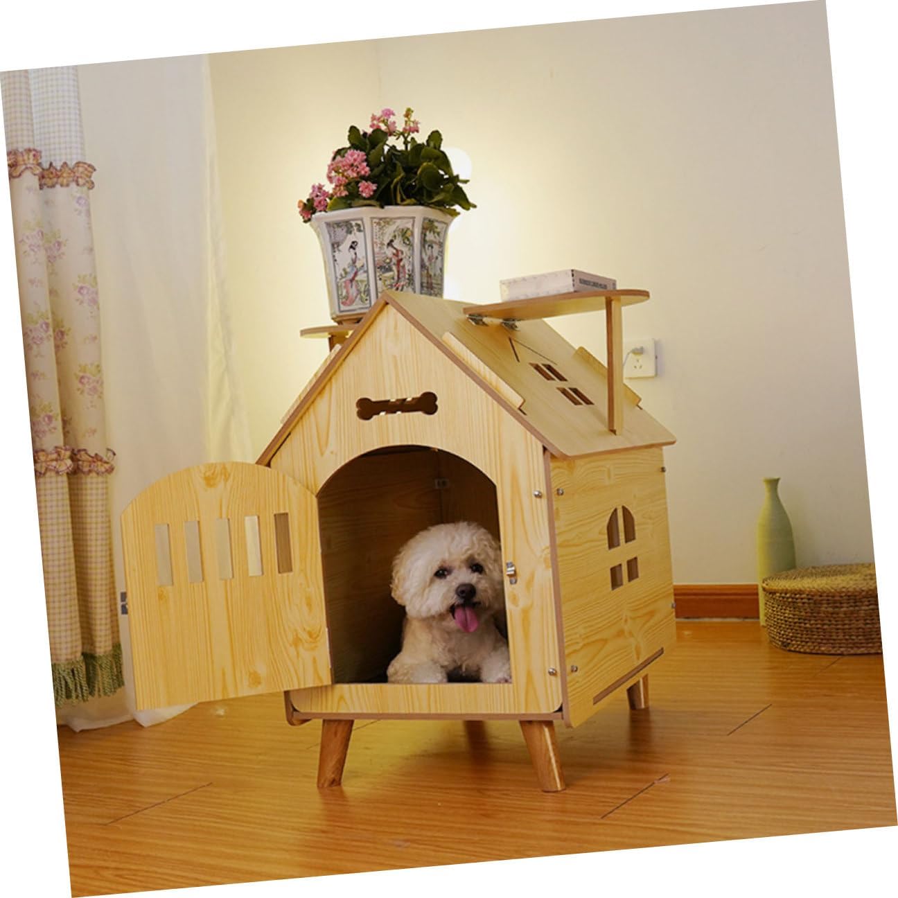 VICASKY Wooden Dog House Outdoor Kennel Medium Size Pet Nest with Protective Fence Indoor and Outdoor Dog Sleeping Shelter