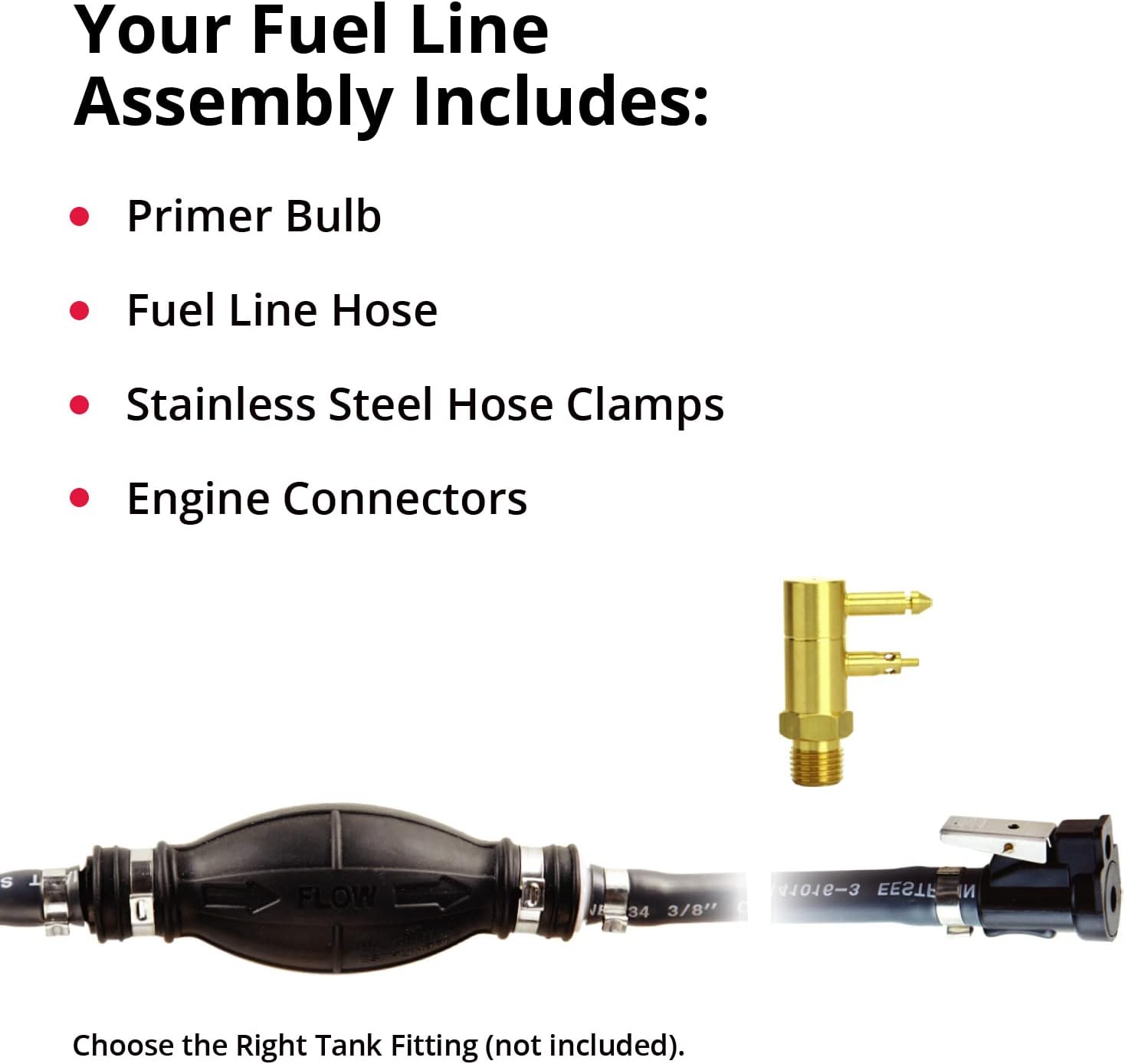 SeaSense: OMC Fuel Line Assembly for Boats w/ Portable Fuel Systems - Includes Primer Bulb, ⅜” ID x 80” Long (6.5 ft) Heavy Flow Fuel Hose, Stainless Steel Hose Clamps & Engine Connectors