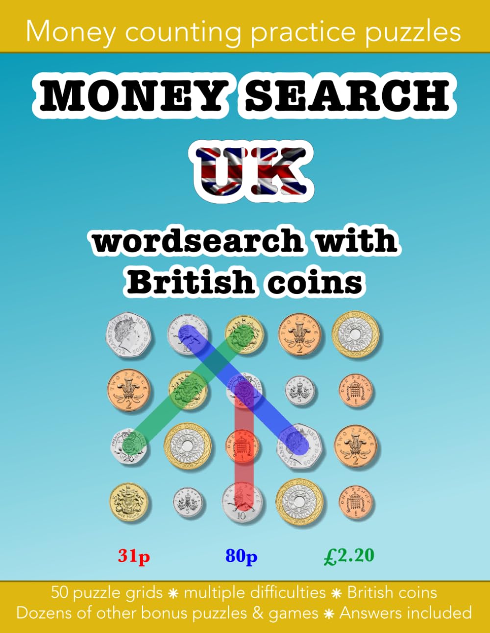 Money search UK wordsearch with British coins: Education resources by Bounce Learning Kids (Money Search coin counting puzzles)