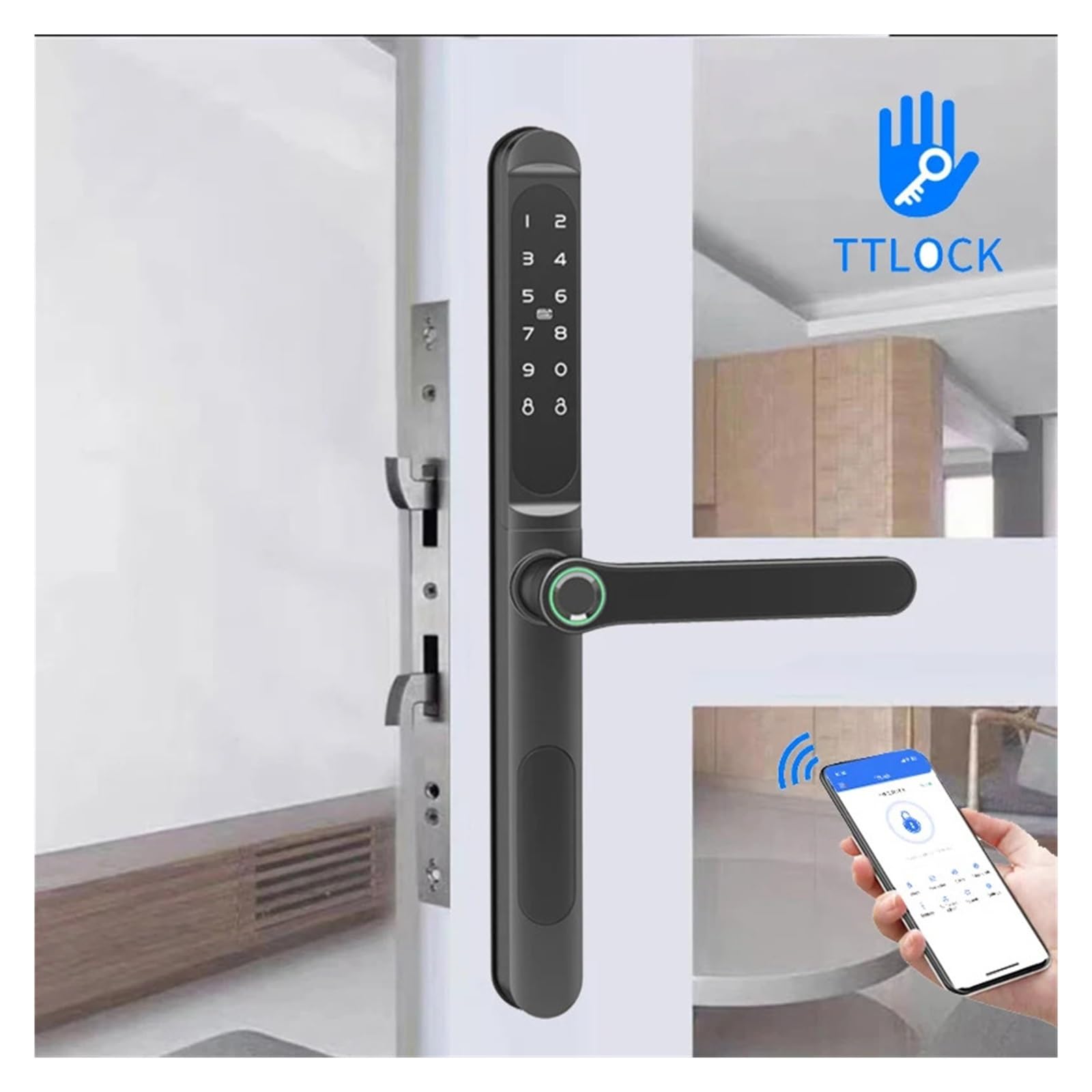 TTLock APP IP65 Wodoodporny Inteligentny zamek RFID z hasłem i odciskiem palca, kompatybilny z drzwiami przesuwnymi z ramą szklaną i ramą typu push pull(Black Left Open 8540)