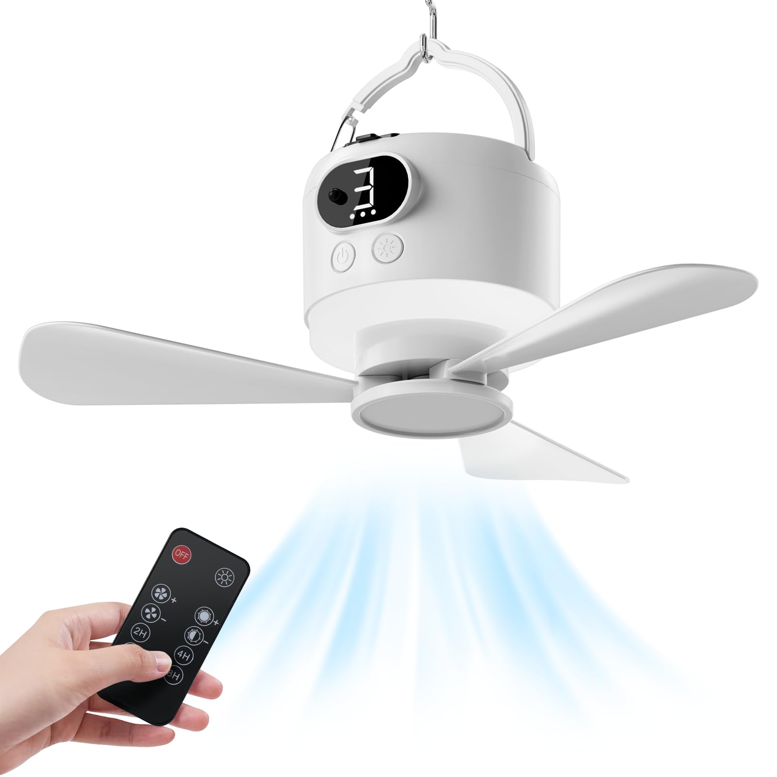 Ventilatore da Campeggio con Luce LED, 10400 mAh Ricaricabile tramite USB Ventilatore per Tende da Campeggio, Autonomia di Funzionamento 8-36 Ore, Telecomando, 3 Velocità, 3 Livelli di Luminosità, Pal