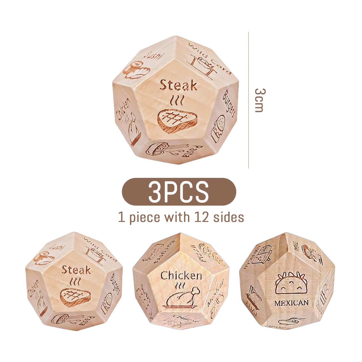 3 Pezzi di Dadi Alimentari A 12 Lati, Dadi di Decisione in Legno Creativi, Puzzle di Riposo, Piccolo Regalo Riutilizzabile, Divertente.