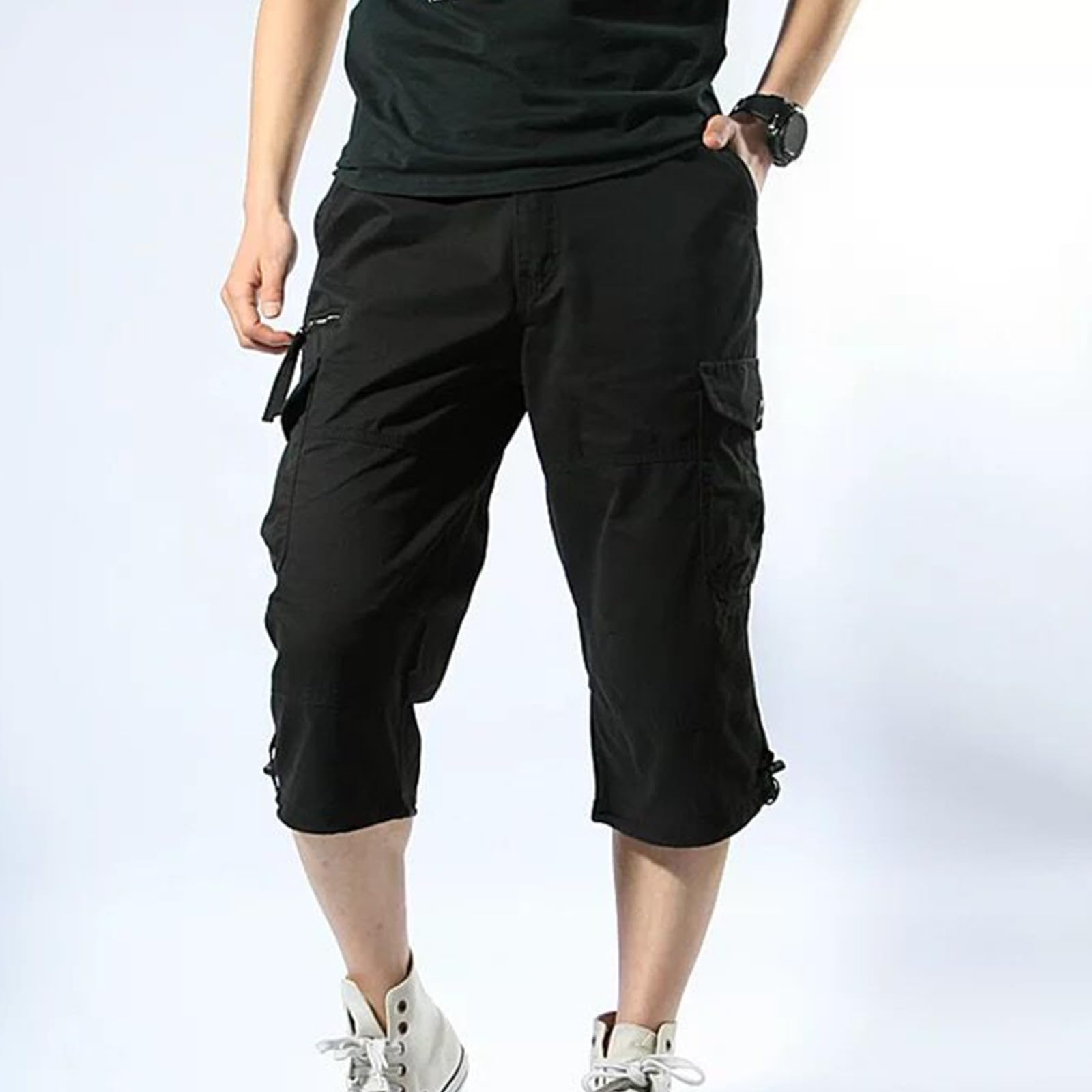 SOOUICKER Cargo Shorts Herren 3/4 Baggy Baumwolle Kurze Hosen Herren Cargo Stretch über Knie Arbeitshosen Männer Kurz Viele Taschen Bermuda Shorts Sommer mit Seitentaschen