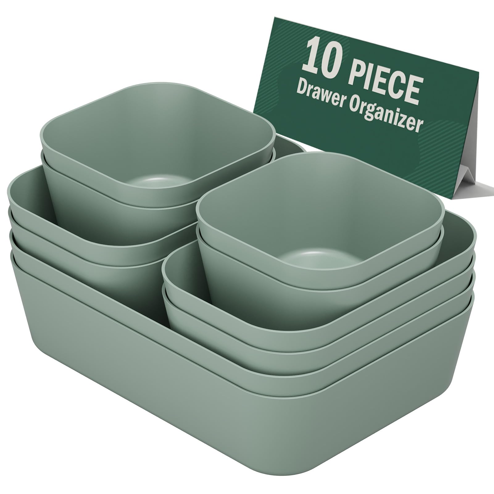 Plastic Drawer Organizers, 10 PCS Drawer Organizer Bins, Bathroom and Vanity Organizer Plastic Tray, Makeup organizer and storage for Makeup, Bedroom, Kitchen Gadgets Utensils and Office (Green)