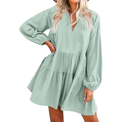 FANCYINN Cute Shift Tunic Dress Ruffle Swing Babydoll Juniors Mini Ruffle Dress with Pockets