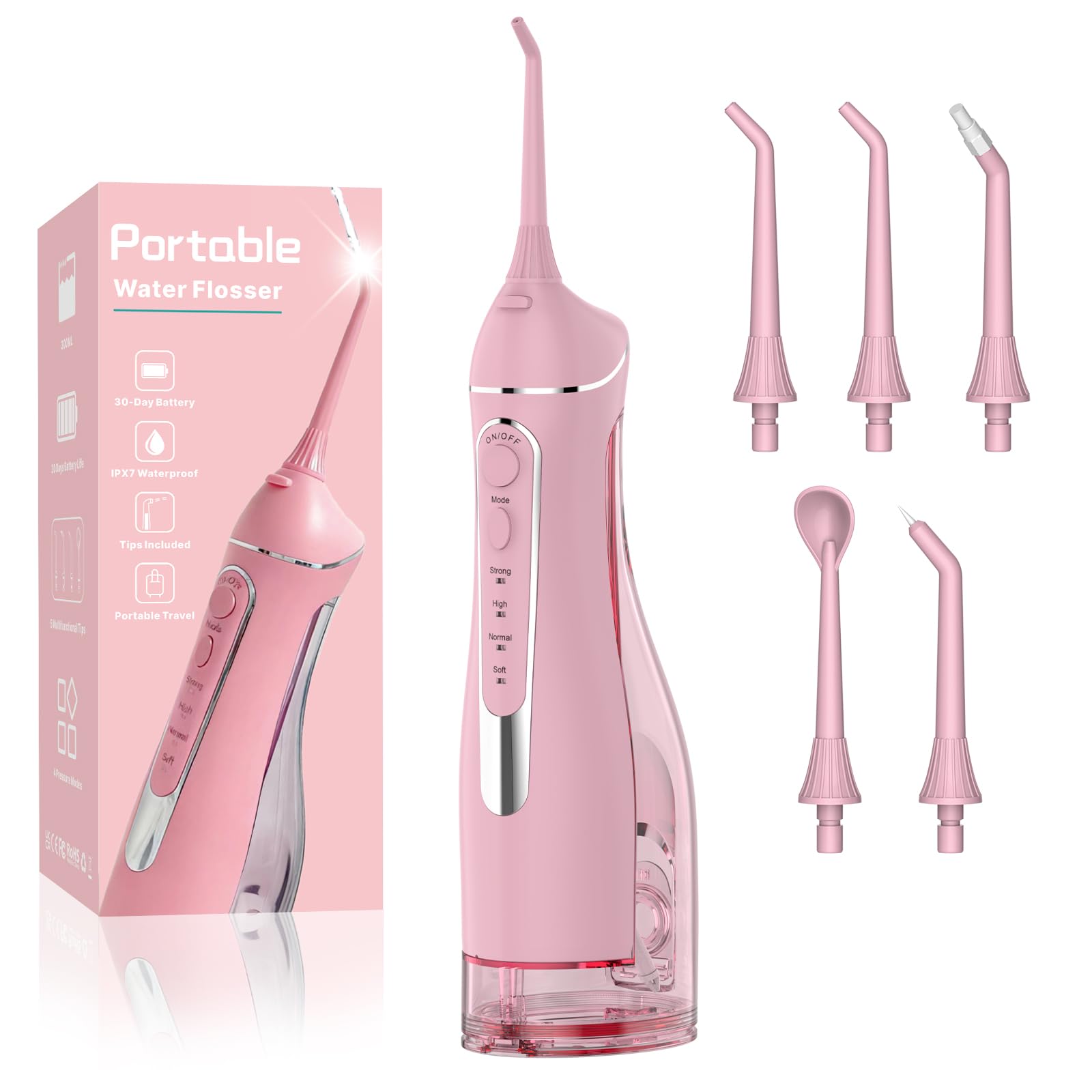 Cordless Portable Water Flosser with 300ML Tank: Rechargeable Oral Irrigator with 5 Tips for Travel, Braces Care and Sensitive Gums, IPX7 Waterproof