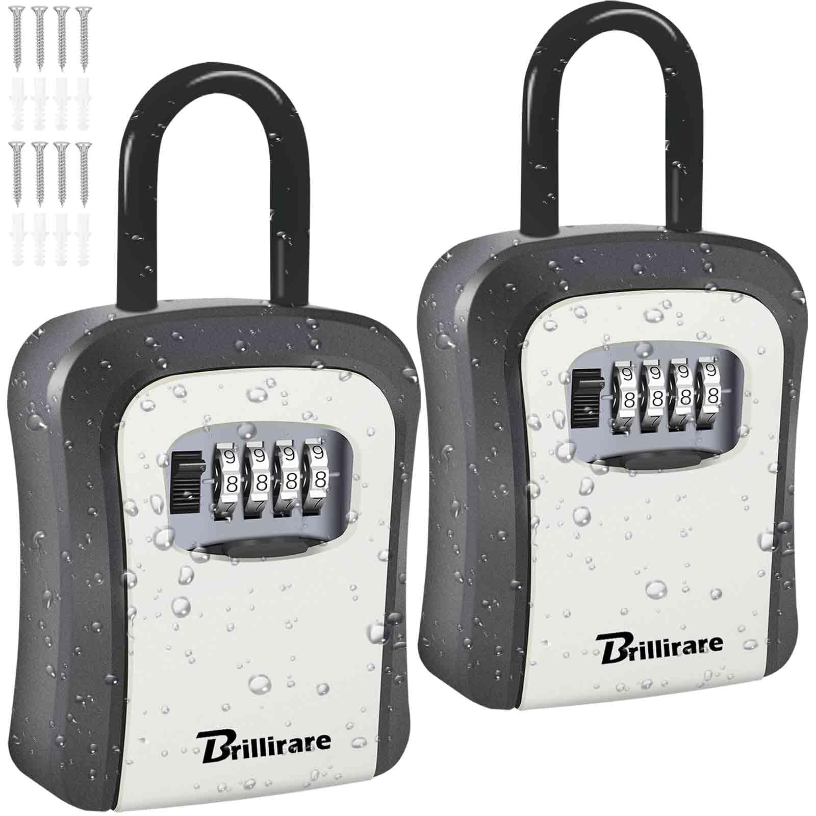 Brillirare 2 Pack Key Lock Box, Waterproof 4 Digits Combination Lockbox with Removable Shackle, Wall Mount Resettable Key Hider, Upgraded Large Password Boxes for Car House Office Apartment Keys-Grey