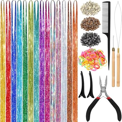 Heat Resistant Hair Tinsel Kit (48 Inch, 14 Colors-B, 3500 strands), Tinsel Hair Extensions with Tools for Women Hair Accessories Cover