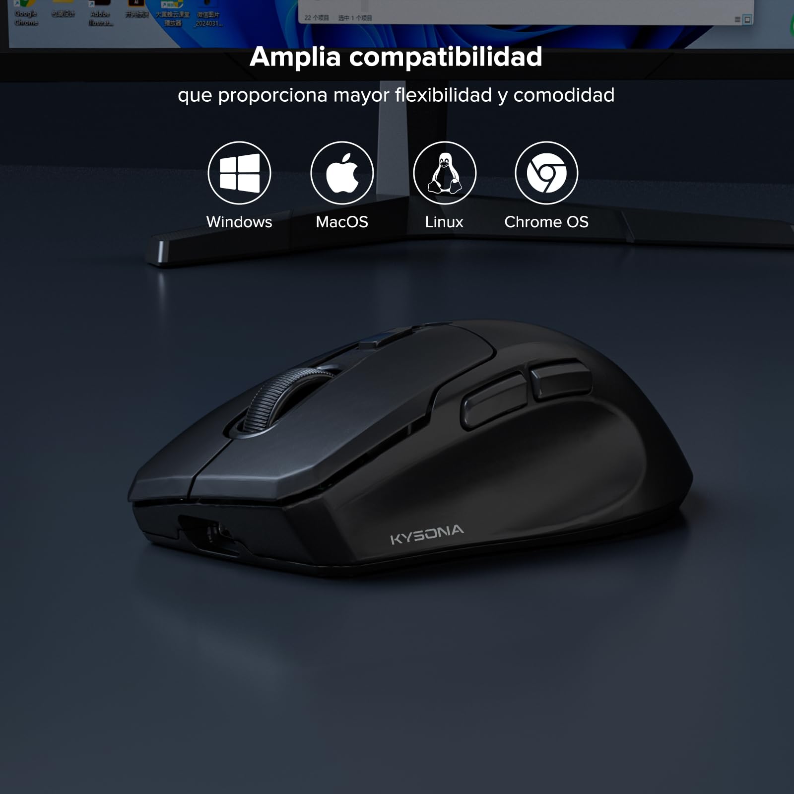 KYSONA - Ratón inalámbrico para Juegos, 26000 dpi, tasa de sondeo de 8K, trimodo 2.4 GHz/USB-C/Bluetooth, ergonómico con Revestimiento de refrigeración por Internet, Ratones Recargables para Juegos