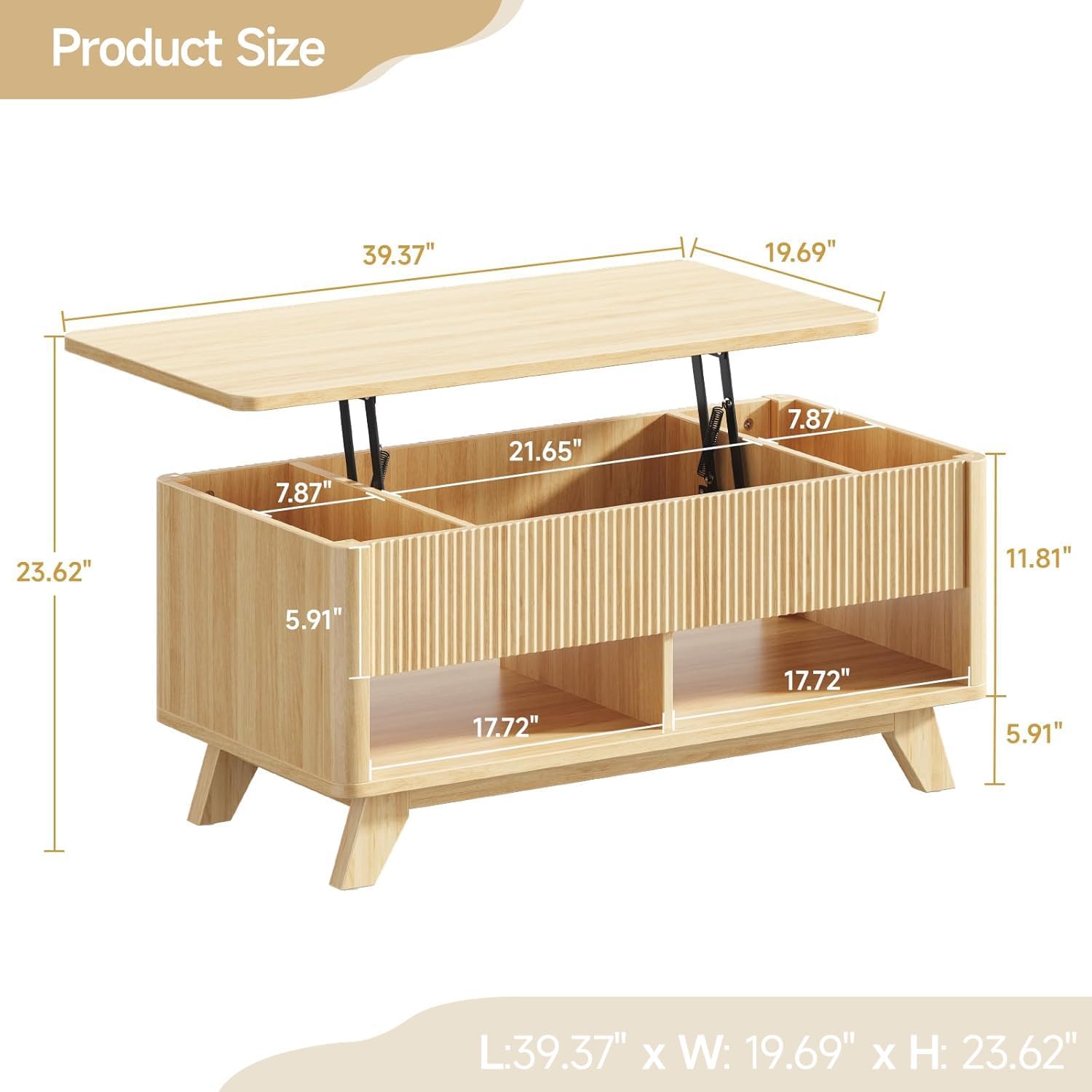 ONBRILL Farmhouse Lift Top Coffee Table, Mid Century Modern Coffee Table with Hidden Storage Compartment, Fluted Rising Pull up Wood Modern Center for Living Room, Office, Natural