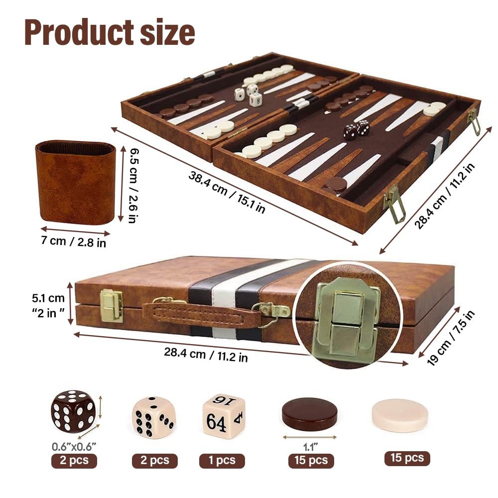 Juego de Backgammon, 11" Set Backgammon con Estuche de Cuero Cubilete, Funda de Juego de Mesa de Estrategia Clásica para Adultos y Niños