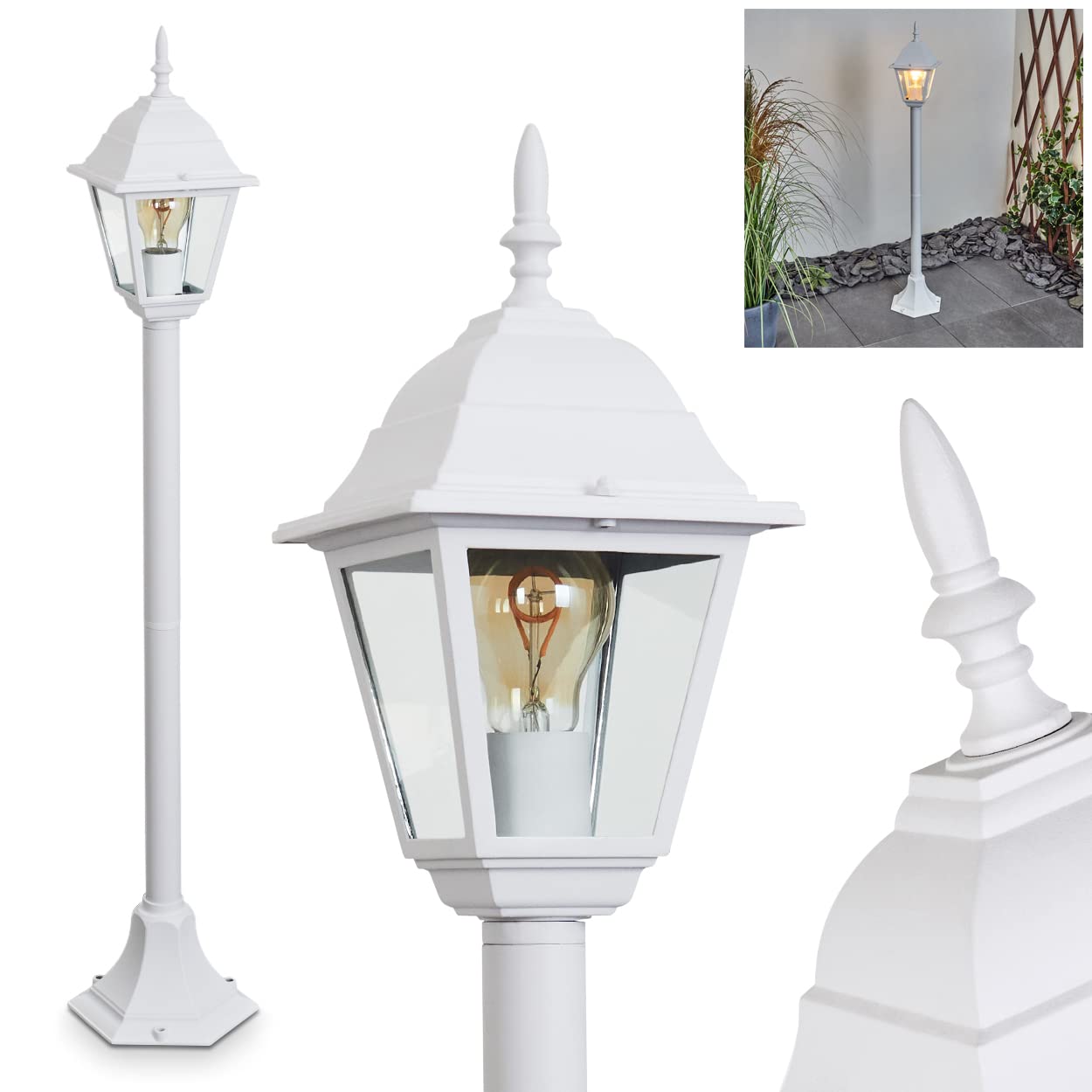 Lampe éxterieur Naofe à l'aspect antique en métal/verre blanc/clair, lampe de jardin rétro/vintage 105,5 cm, lampe d'extérieur avec verre clair pour terrasse/cour, E27, ampoule(s) non incluse(s)