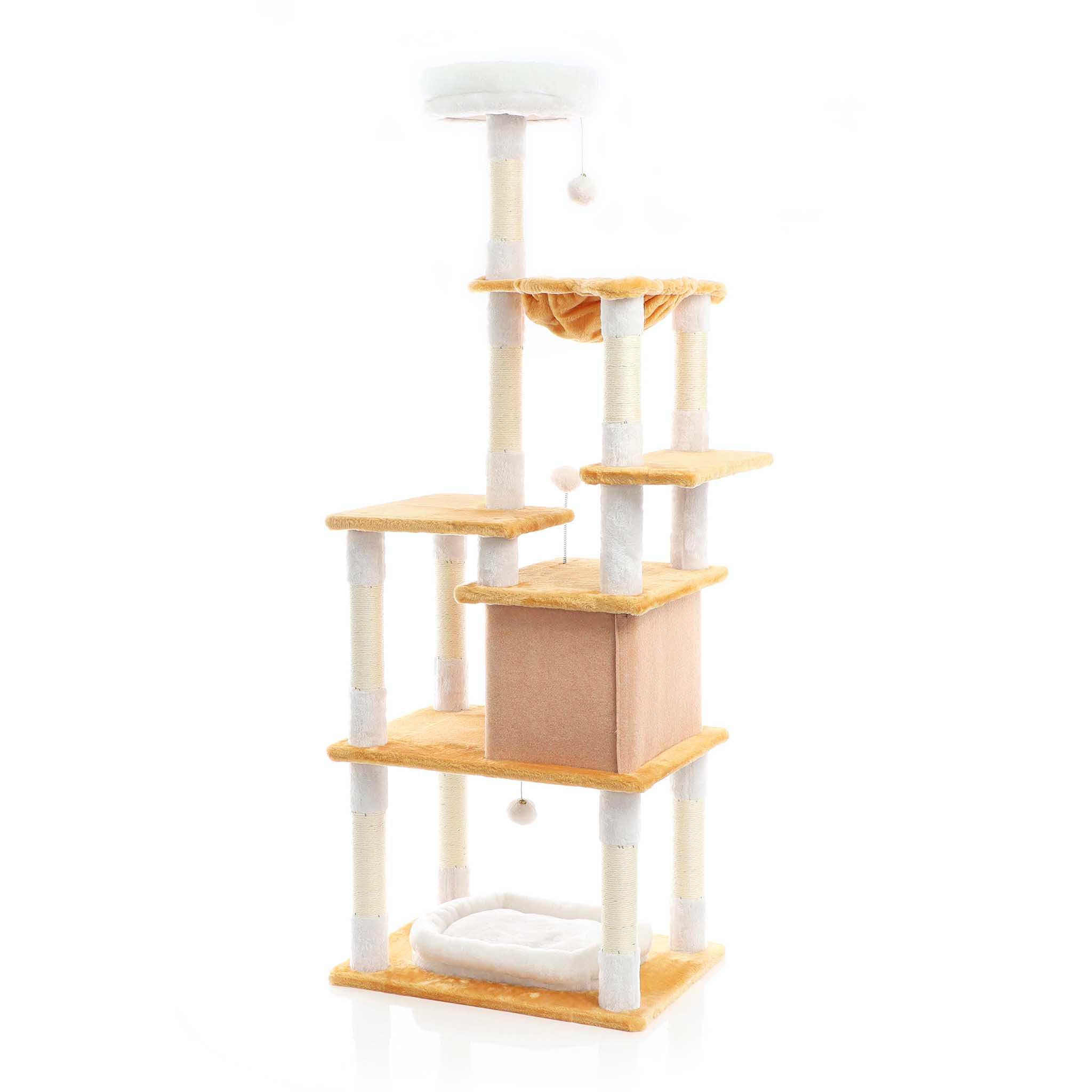 Fudajo Arbre à Chat Blanc/Brun 164cm Poste de grattage avec du sisal, Une Niche/Maison à Chats