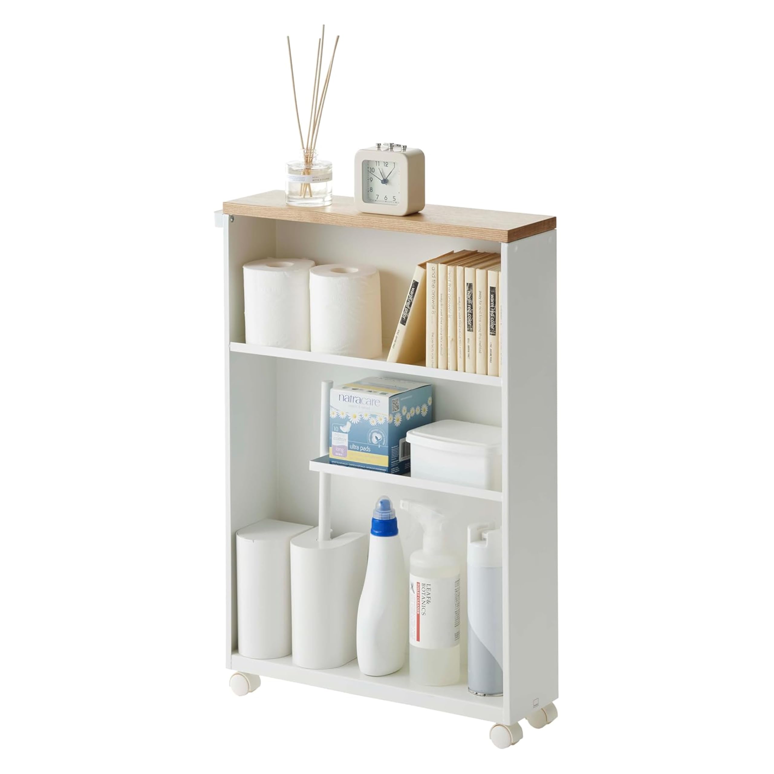 YAMAZAKI Home Slim Rolling Storage Cart – Narrow Bathroom Storage Cabinet with Handle, Slim Bathroom Storage Cart with Wheels, Easy Assembly, Steel + Wood, White