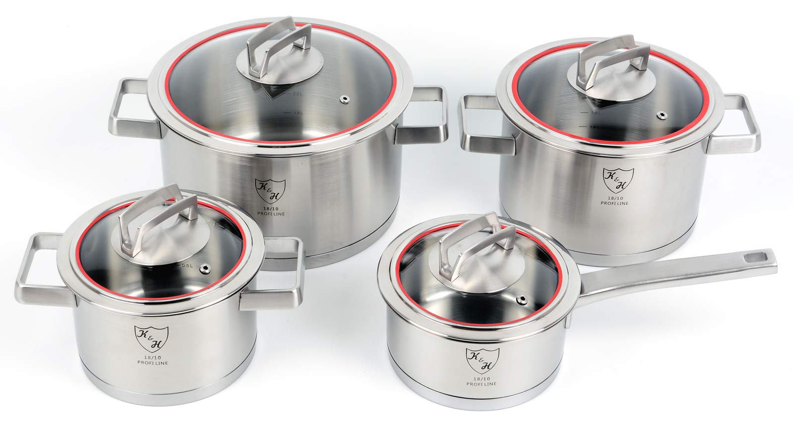 K&H Topfset Edelstahl 505 [MIT GLASDECKEL] Induktions Töpfe Set - Kochtöpfe - Kochtopf Induktion - Universell Kompatibel - Unbeschichtet - Cooking Pod - Inkl. Stieltopf - Rostfrei (4-Teilig)