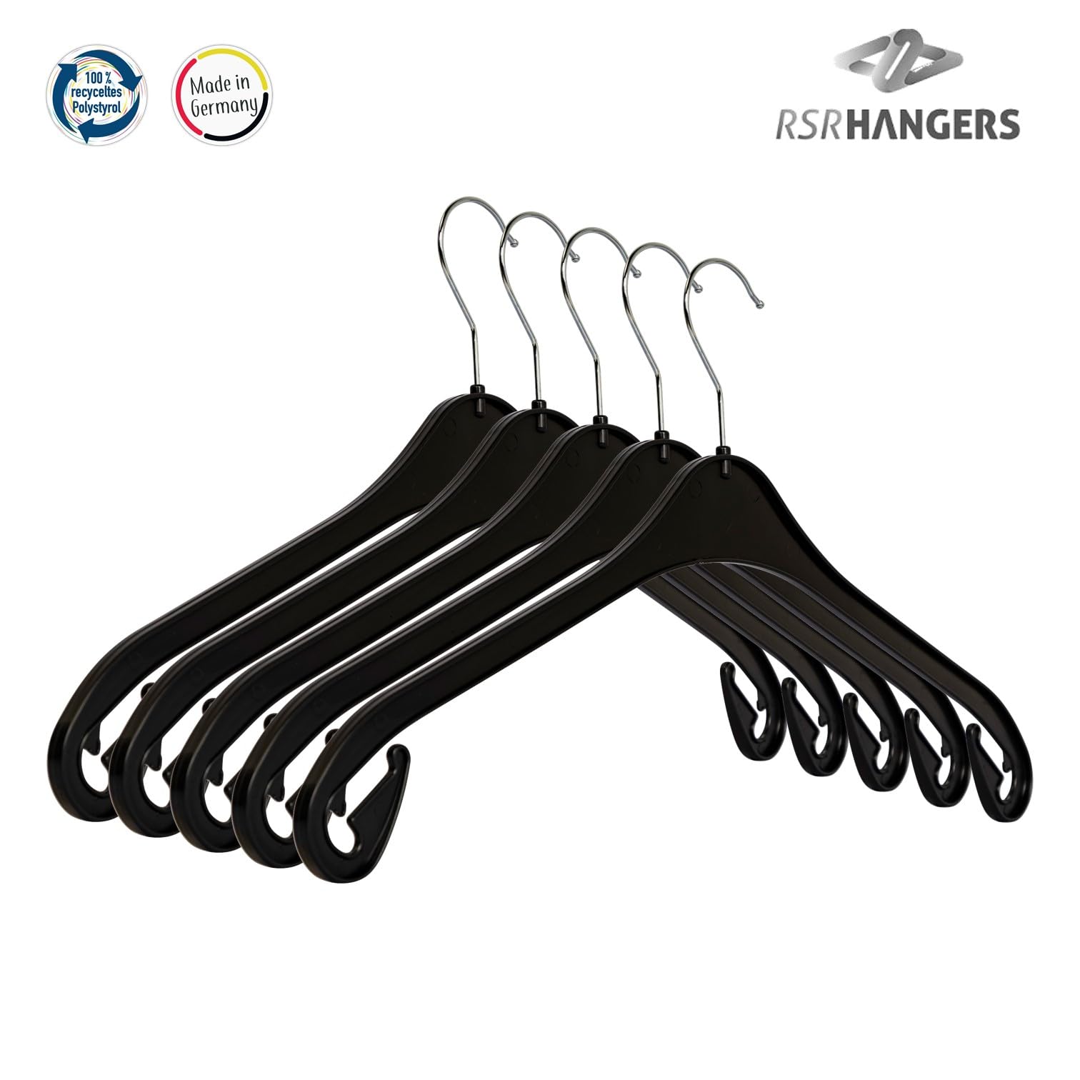 RSR-Hangers Kleiderbügel NA 43 cm - 50 Stück - aus Kunststoff - 360° drehbarer Haken - platzsparend - Hemdenbügel - Blusenbügel - Mäntel - schneller Versand - Made in Germany