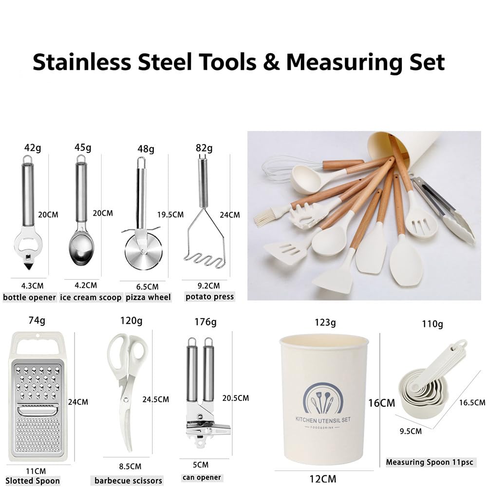 Set di 34 Utensili da Cucina in Silicone Alimentare, Kit Completo per Cucinare E Preparare Dolci con Contenitore, Accessori in Acciaio Inox E Set di Misurini E Cucchiai Dosatori Khaki