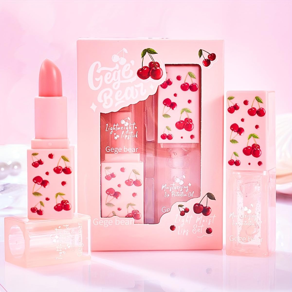 Gege Bear Light Moist Lips Set | Lip Oil & Tinted Lip Balm Combo | Cherry Tint Gloss | Moisturizing Long Lasting Light Pink Glossy | Hydrating Care for Women & Girls | Soft Plump Lips Waterproof | Cute Pastel Packaging-picture-11