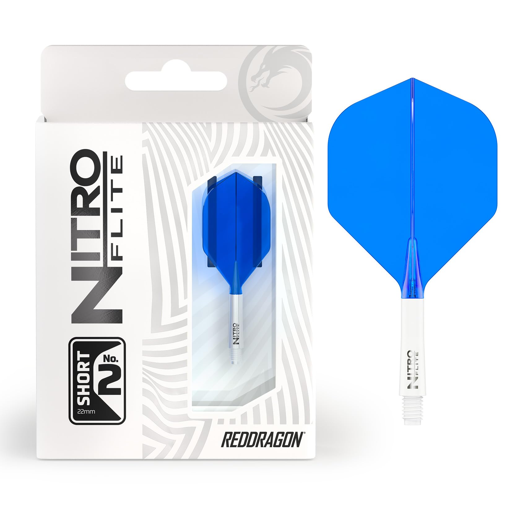RED DRAGON Darts – Nitro Flite Integrated Flight & Shaft System – No.2 Shape and Design – White & Blue Colour, Short Length — image 1