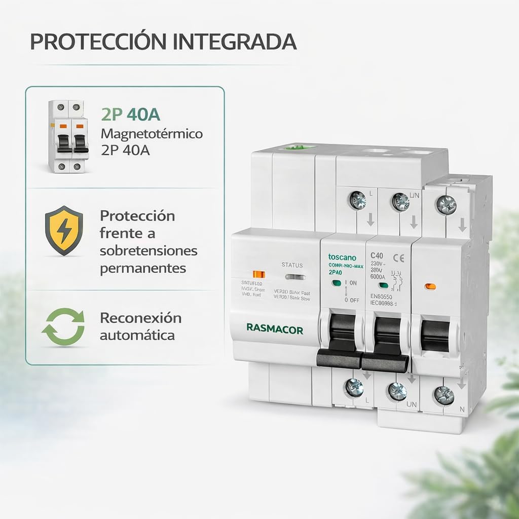 Tóscano 10004923 COMBI-PRO-MAX-2P40 | Backup y Modo Isla | Sistema de Control y Protección para Instalaciones Fotovoltaicas | IGA 2P 40A 6KA 230VAC con Protección de Sobretensiones