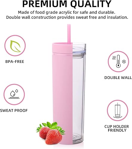 Miniatura 2 de Volhoply Vasos delgados de plástico de 20 onzas, paquete de 4 unidades, vaso de doble pared con tapa y popote, taza de café helado de viaje