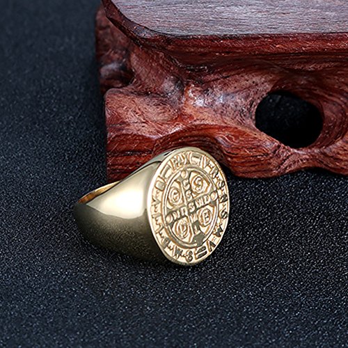 JAJAFOOK Men Gold Plated Stainless Steel Catholic St Benedict Exorcism Signet Ring Cross Band3
