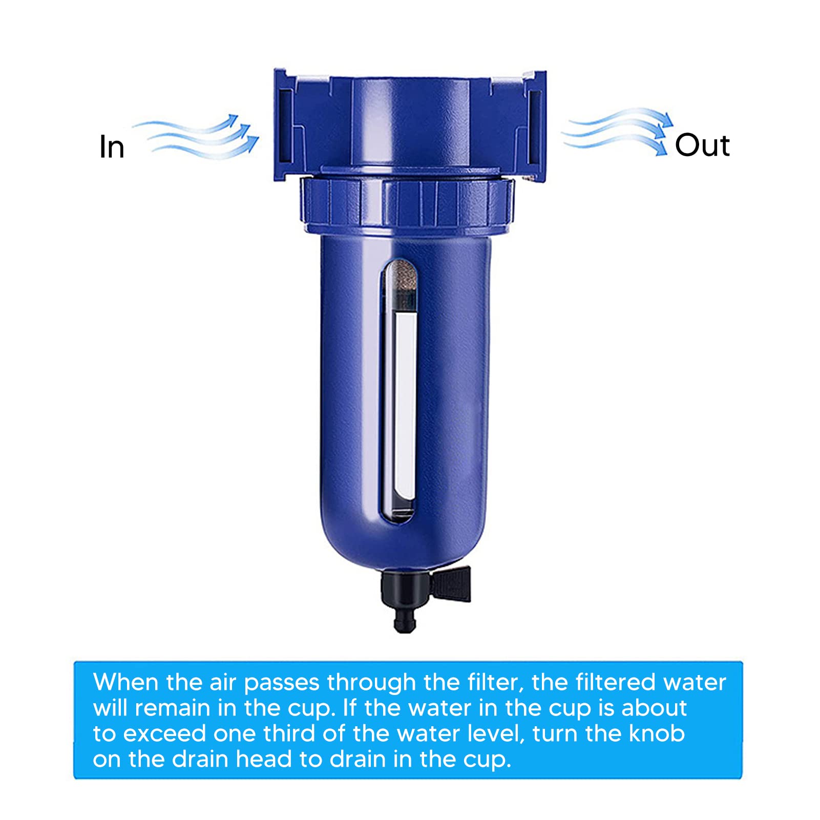 Valutato per pressione di esercizio da 0 a 145 psi, separatore d'acqua con filtro dell'aria compressa con porte NPT da 1/4 di pollice, alloggiamento in lega di zinco e acciaio (1/2"NPT)